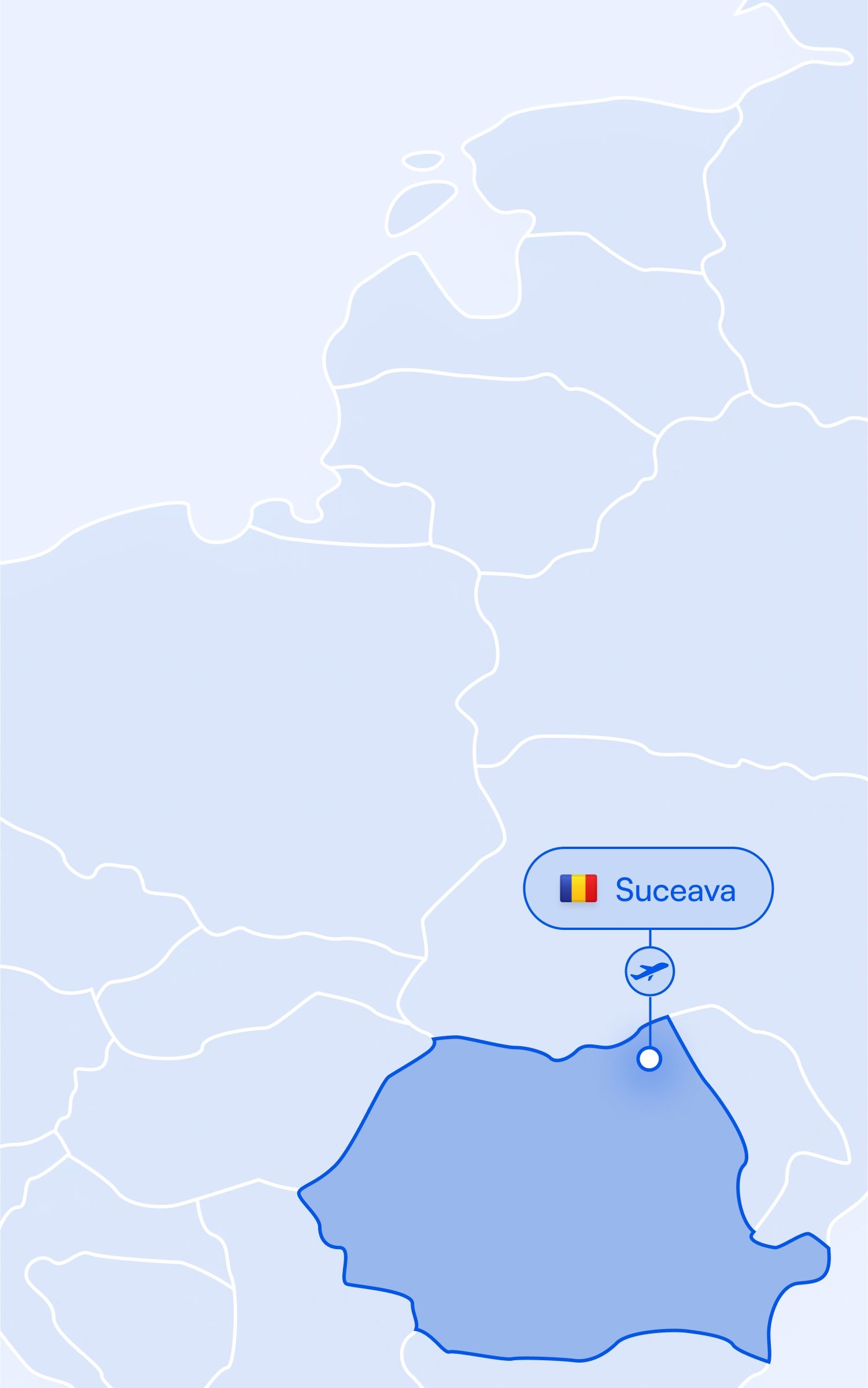 A map of Europe with Romania and the city of Suceava highlighted