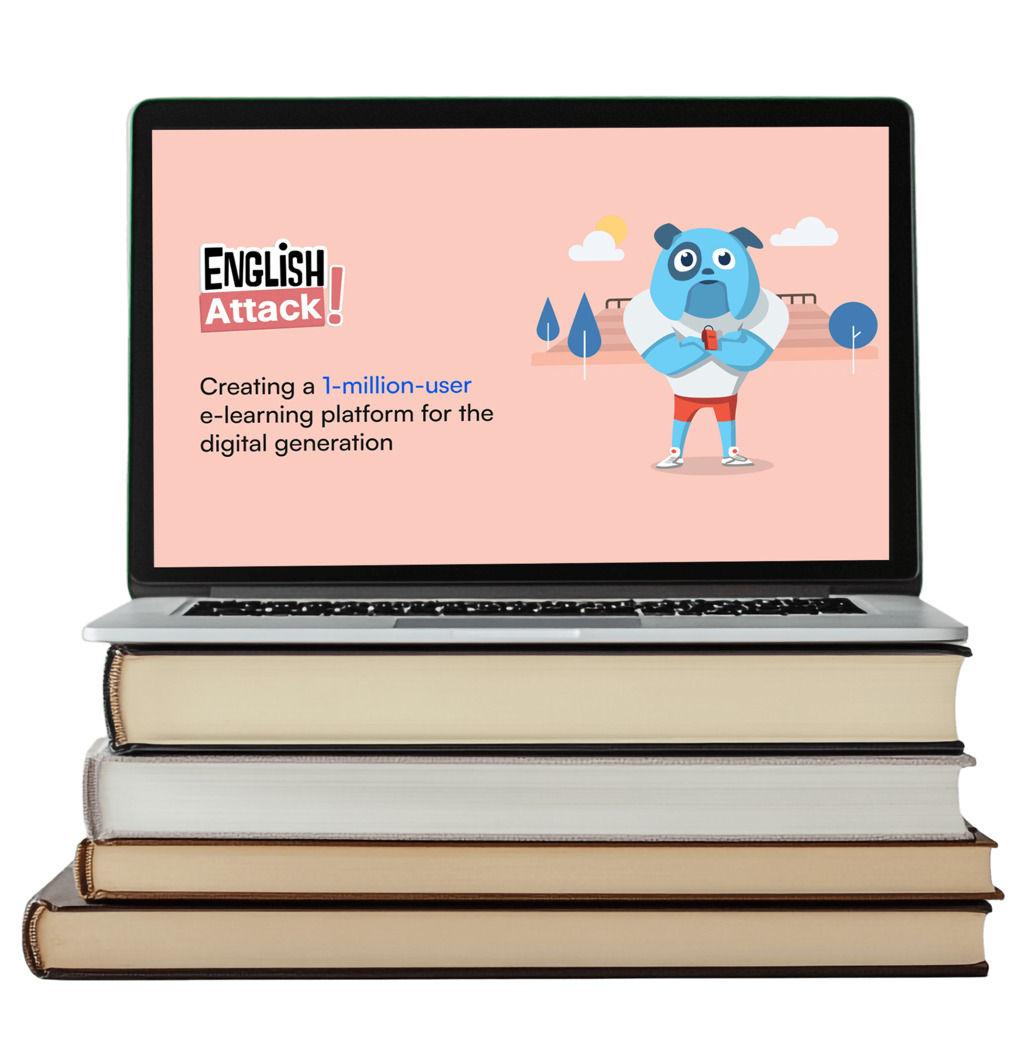 English Attack UI on a laptop screen on top of a stack of books