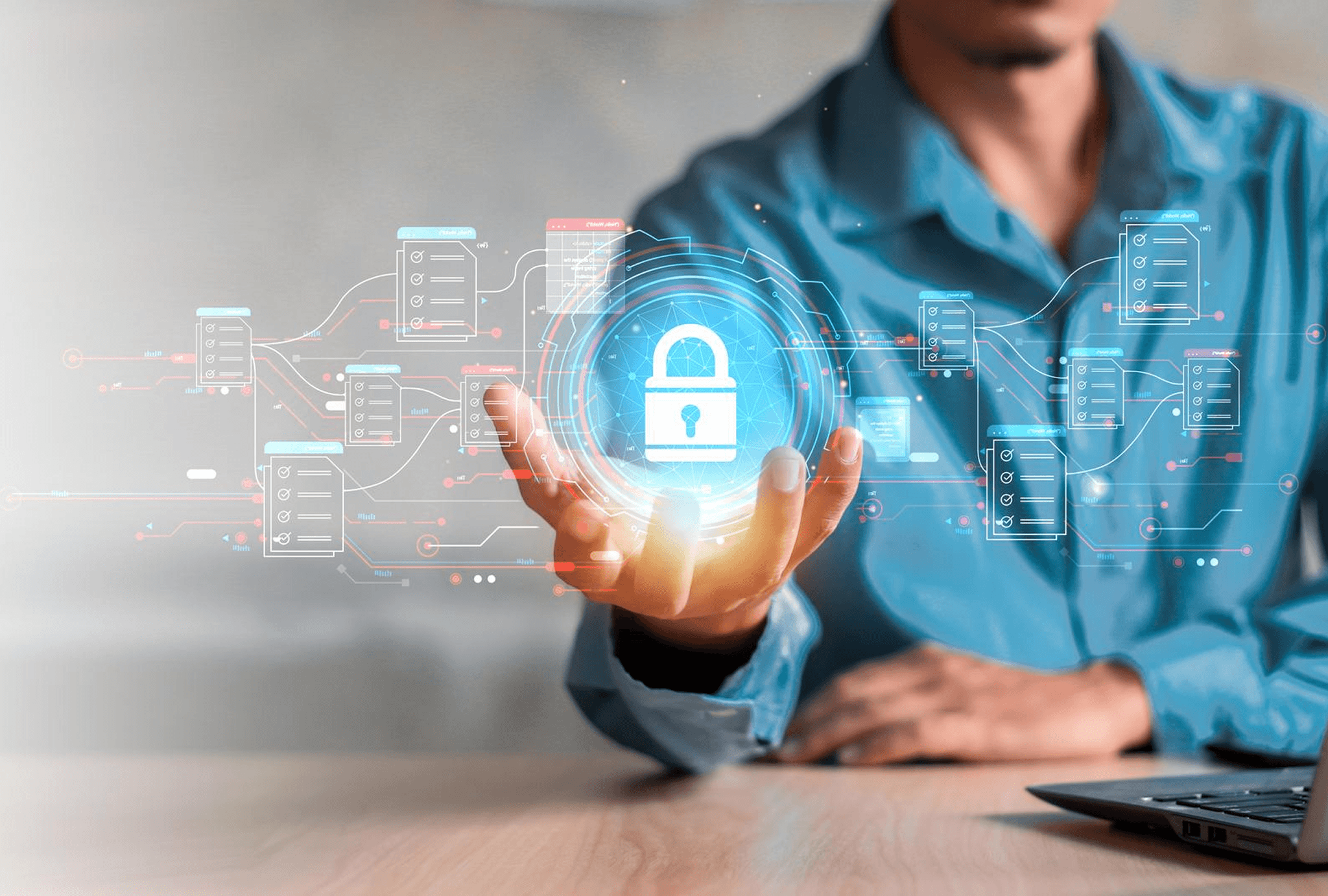 Person holding an overlay depicting a padlock