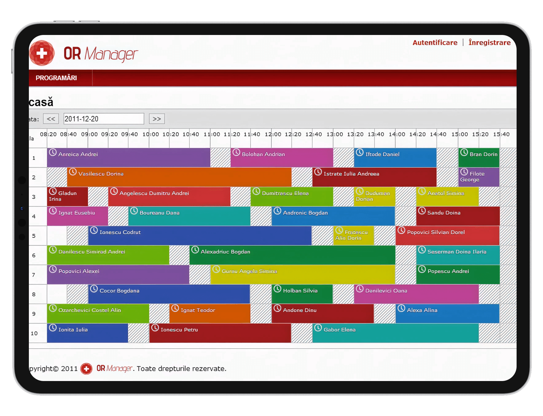 OR Manager schedule on a tablet screen