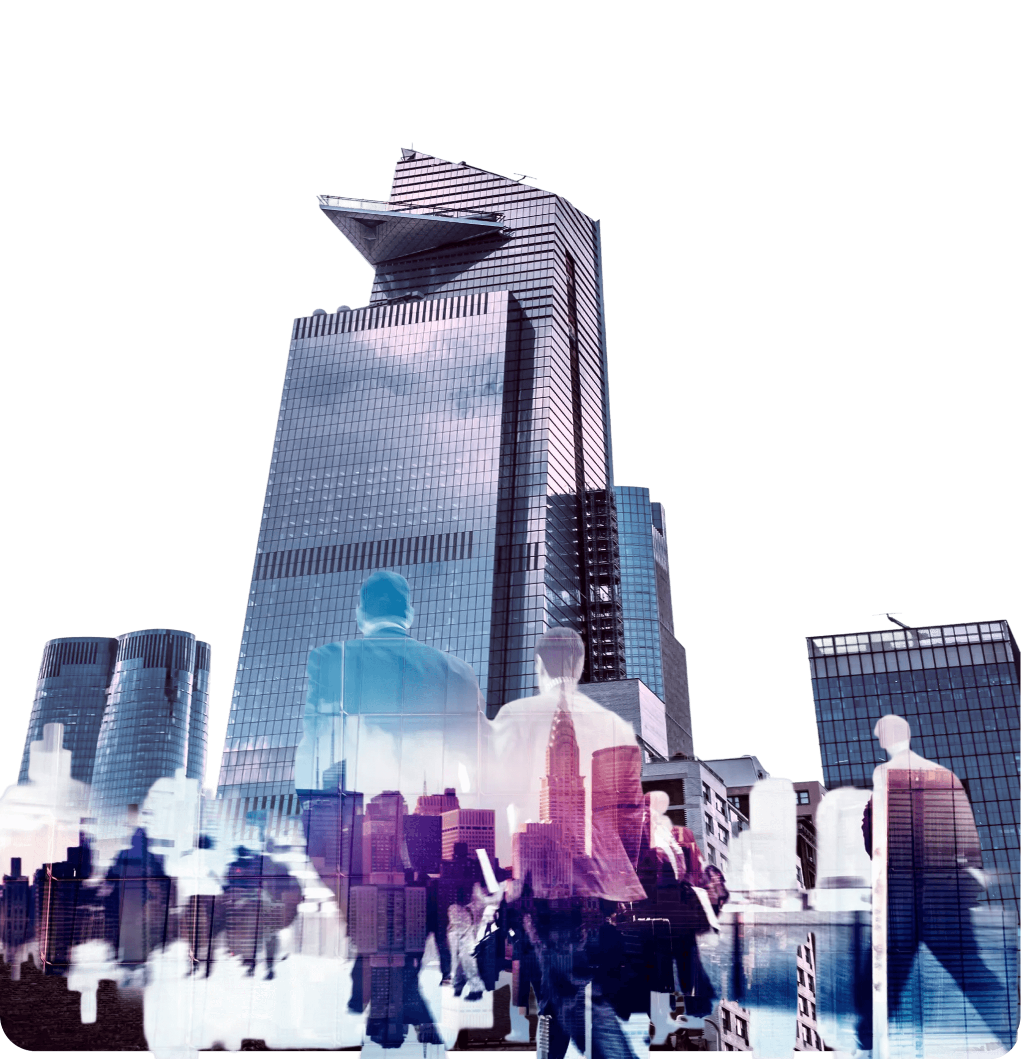 Image of people juxtaposed on an image of a building