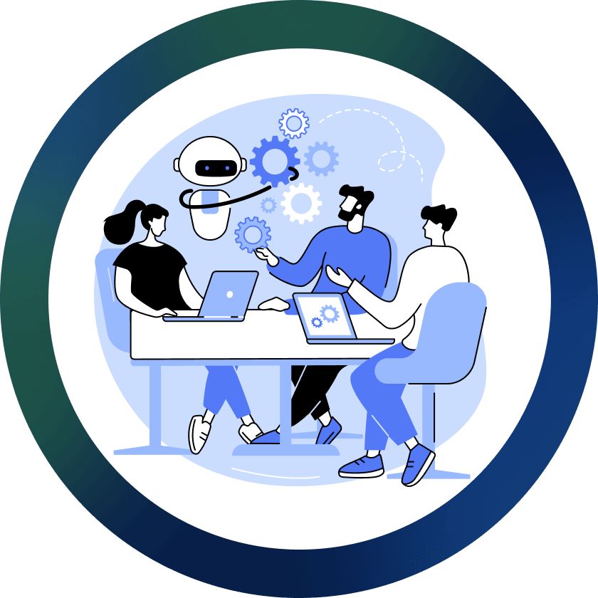 Three avatars at the desk