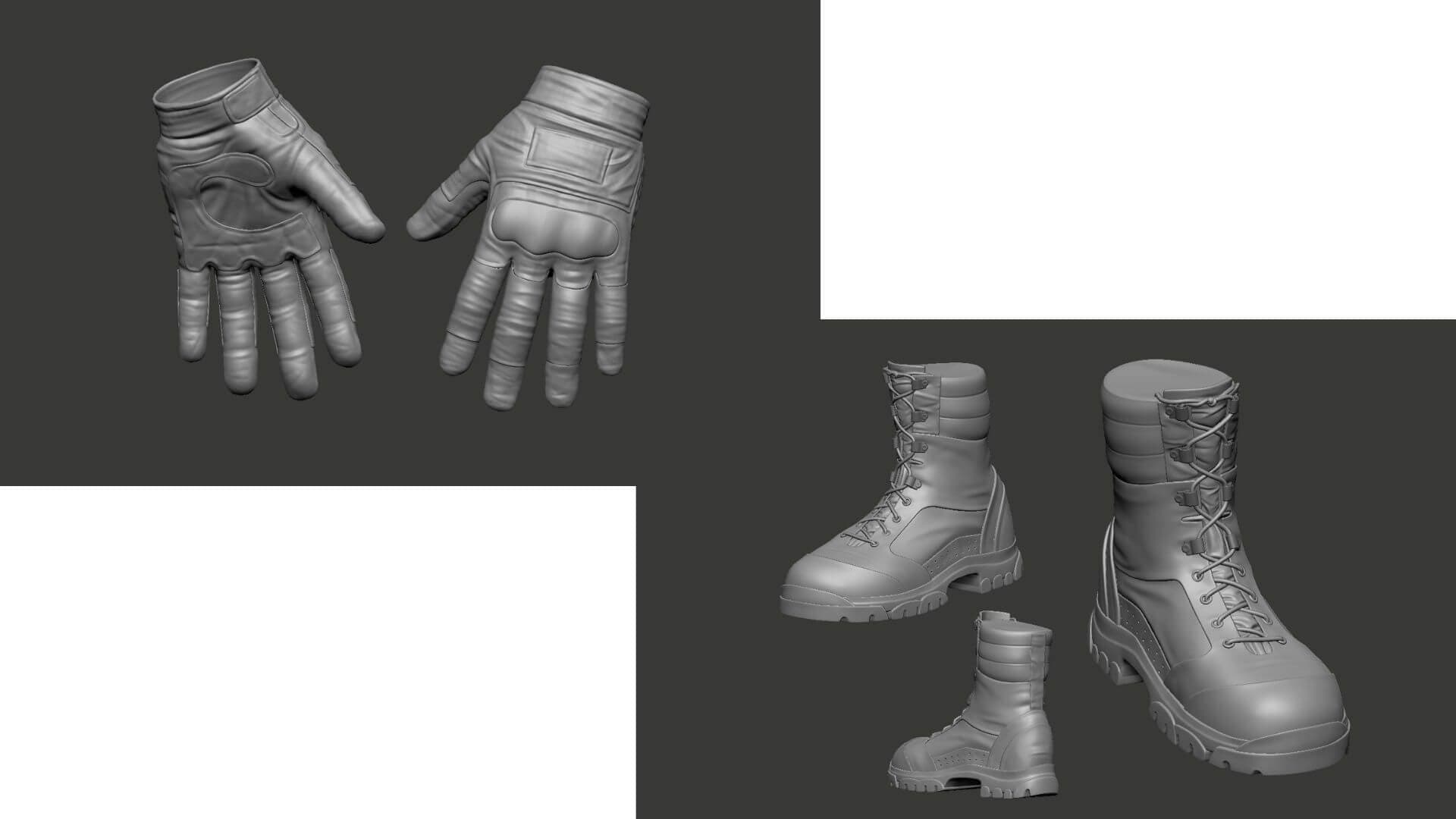 Game Character Production - Applying Industry Standards across Production Pipeline - gloves and boots details modeled in ZBrush