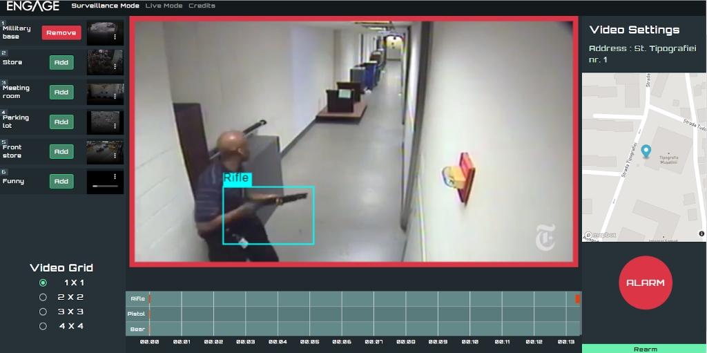 ASSIST Software - Best Innovative Minds 2019 - Engage project - In the image, the model has identified one of the specified classes and the application has added the incident to the timeline below the video and has also activated the Alert button