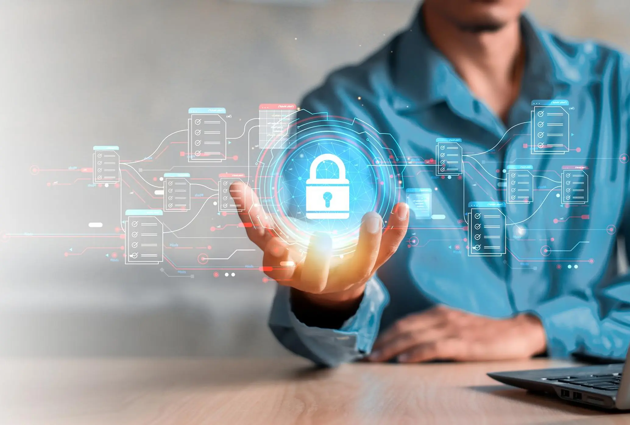 Person holding an overlay depicting a padlock