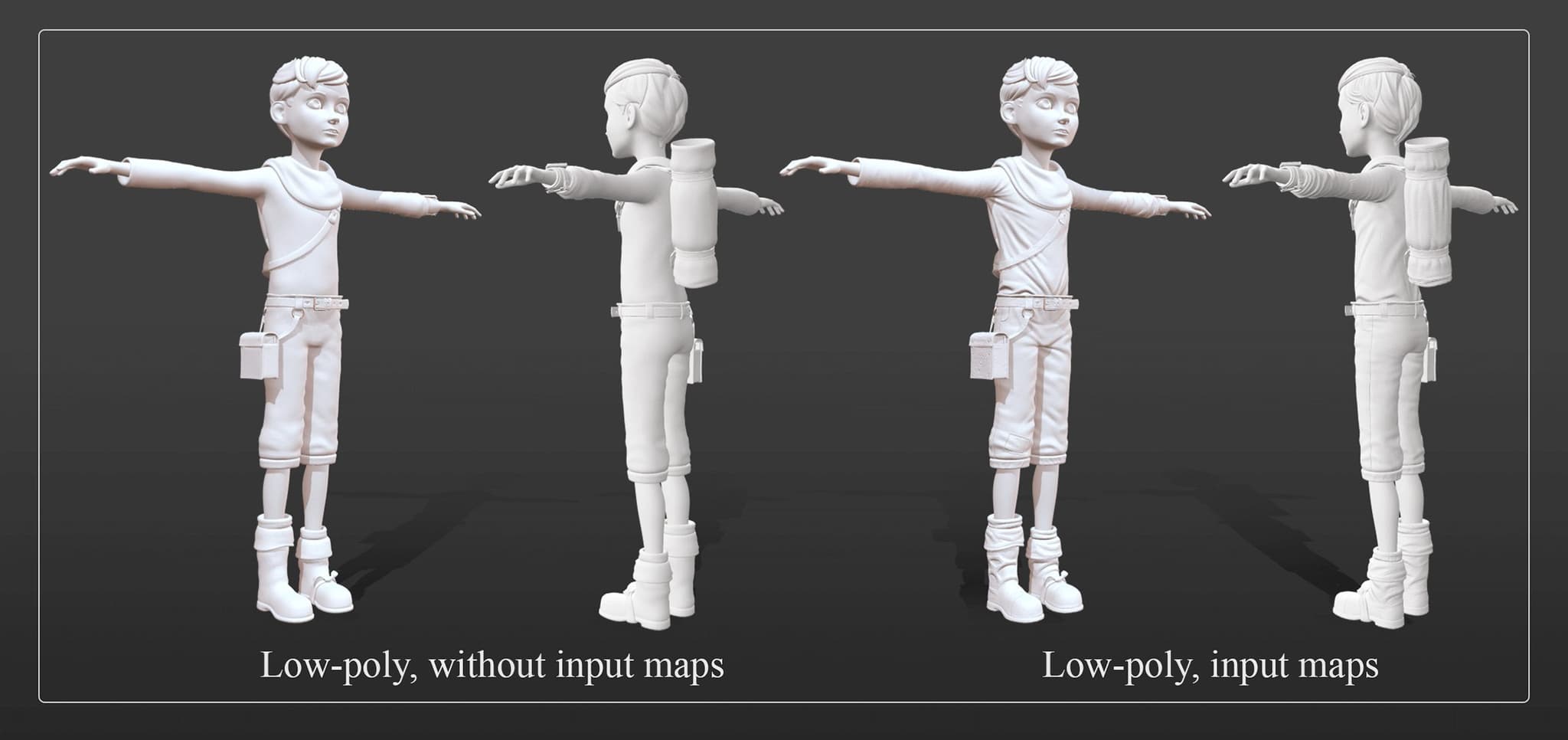 Low-poly model, with and without input maps