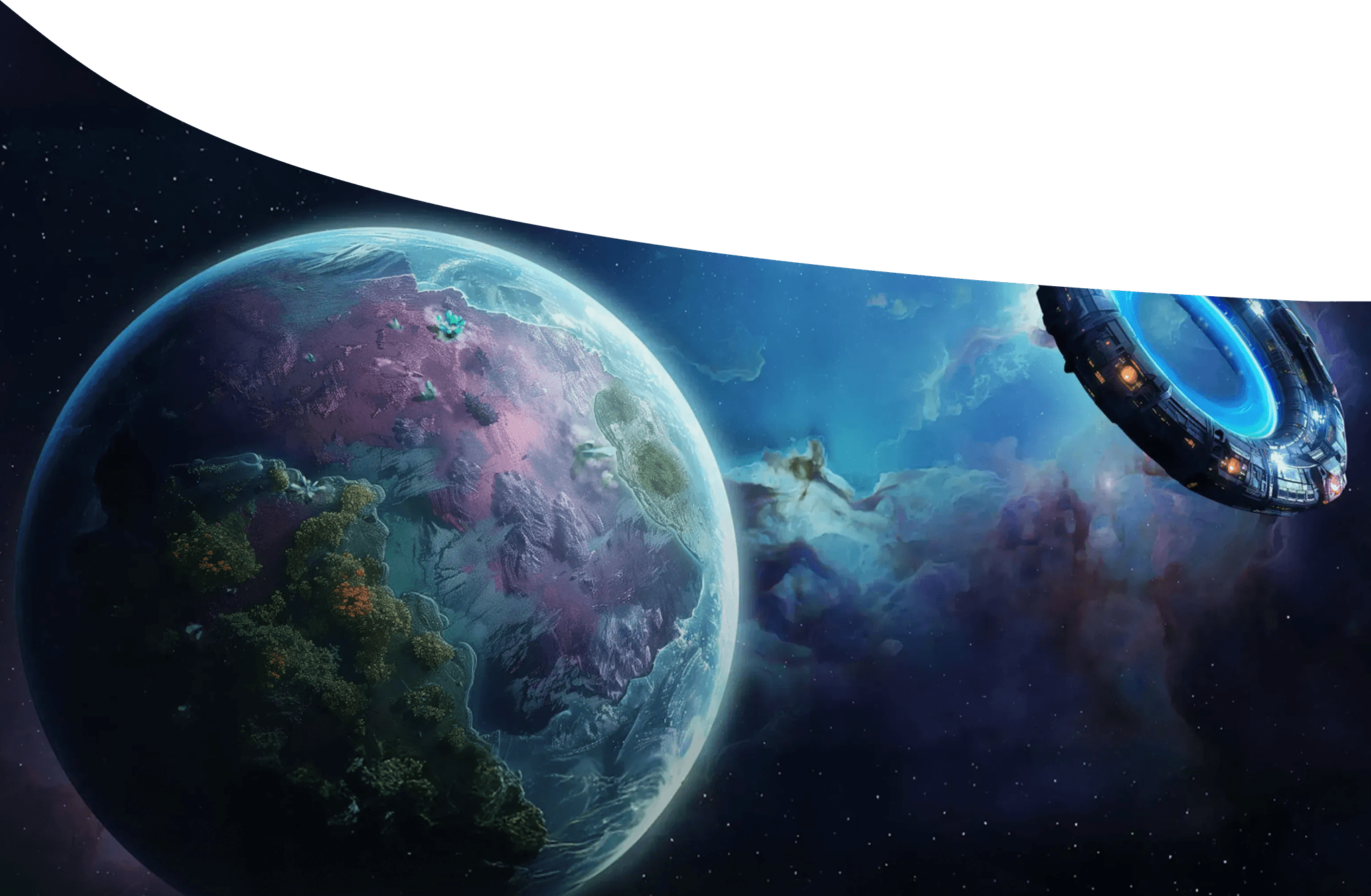 Render of an exotic planet and a spaceship