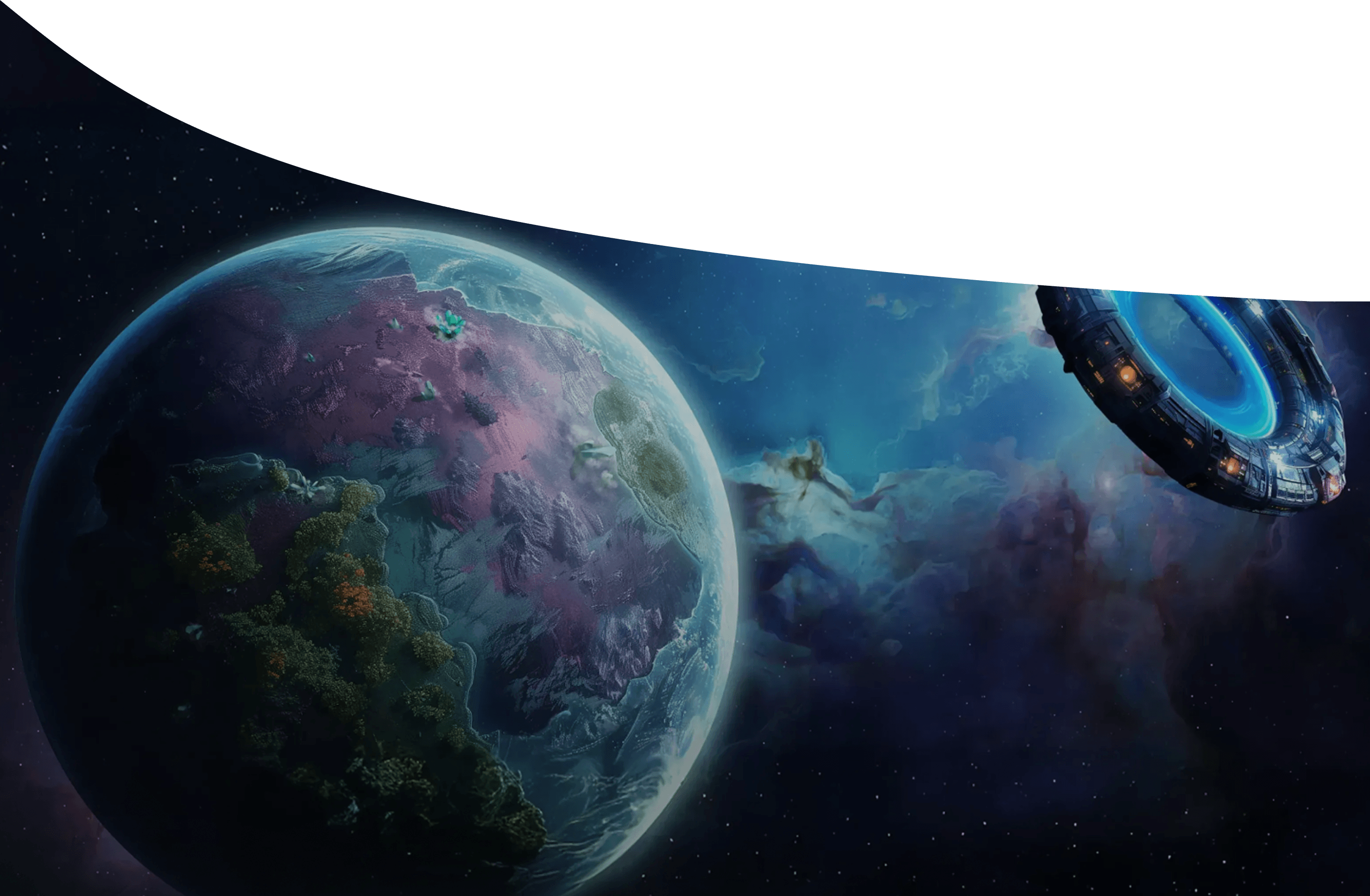 Render of an exotic planet and a spaceship