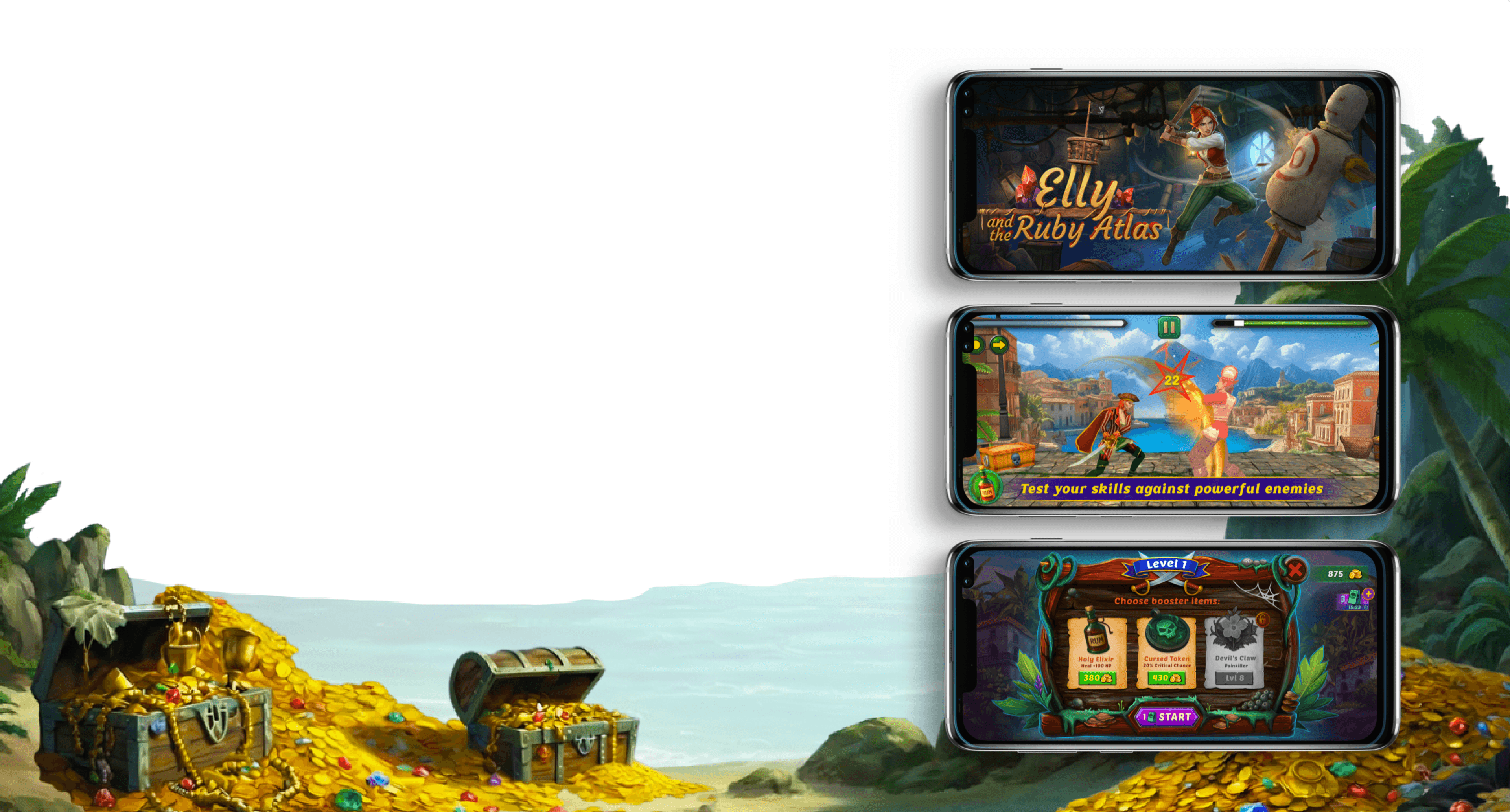 Elly and the Ruby Atlas on three mobile devices screen