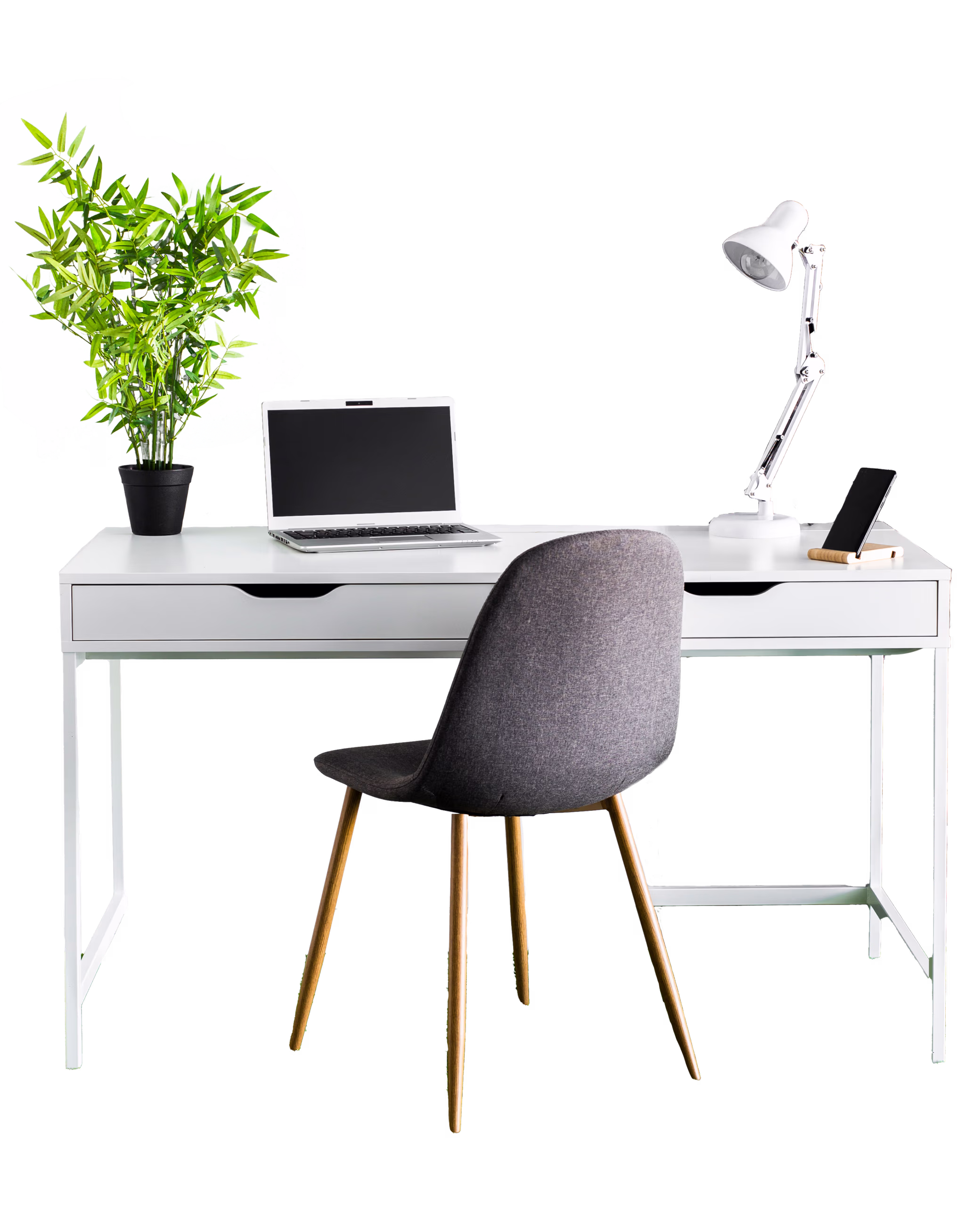 Computer on a desk with a green plant next to it