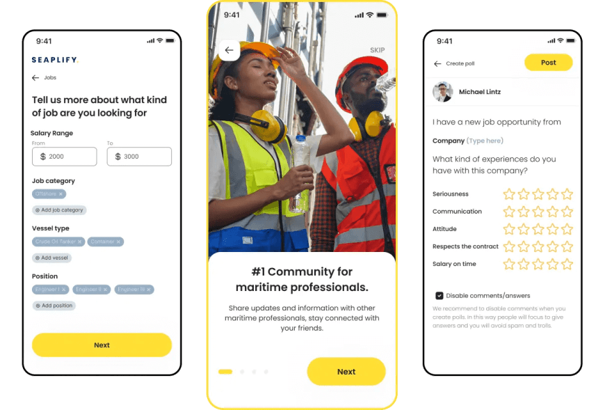 Screenshots of the maritime worker app